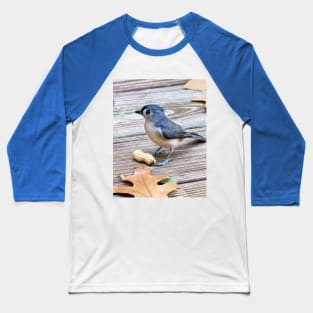 Tiny blue bird stands guard over a peanut Baseball T-Shirt